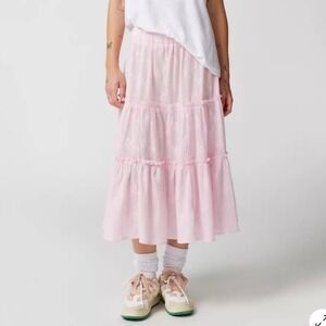 URBAN OUTFITTERS | Baby Pink Feminine Tiered Embroidered Remnants Maxi Skirt, M